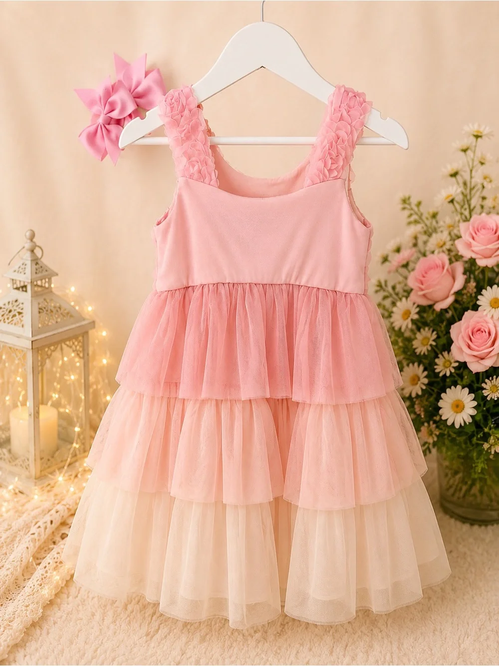 Bonnie Jean Girls 3T Pink Rosette Tulle Party Dress + 2 Bows
